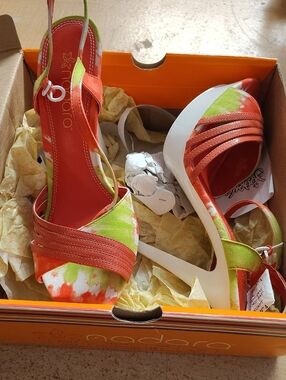 Nadora Orange & Lime Floral Slingback Wedge Heels